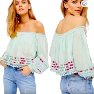 Free People Off Shoulder Boho Crop Top Size S/P Mint Crochet Trim Peasant Blouse